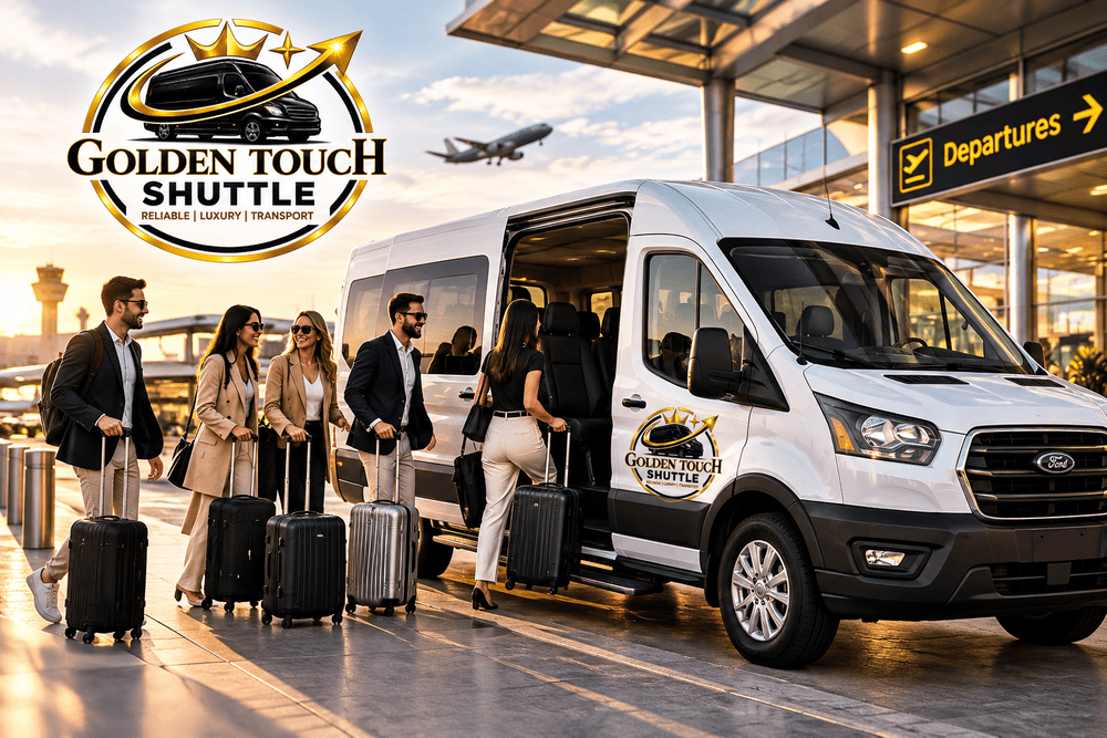 Group passengers with luggage beside shuttle van