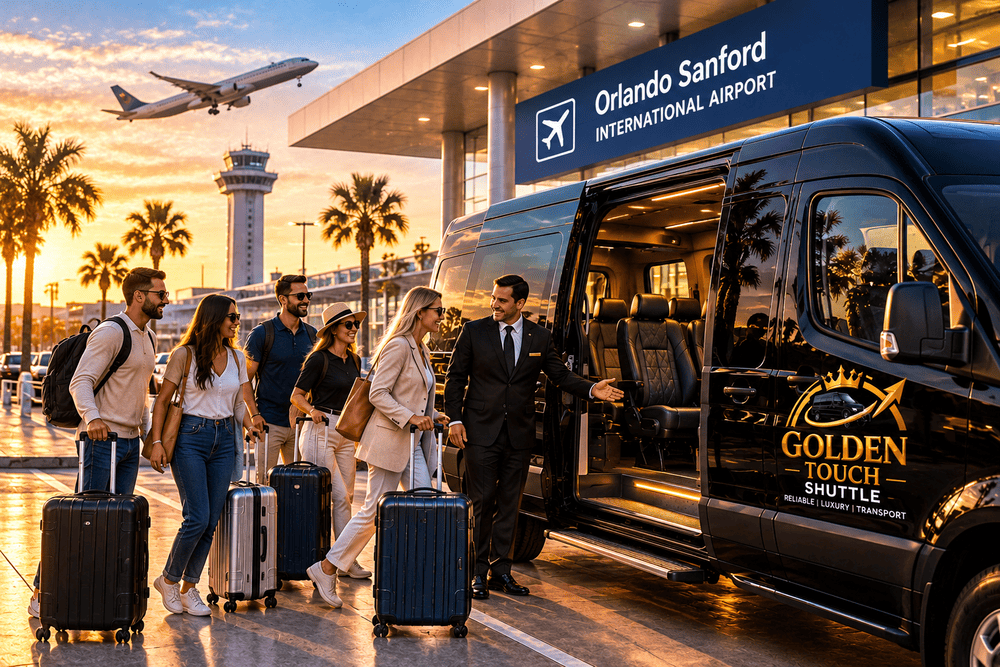 Group passengers with luggage beside shuttle van