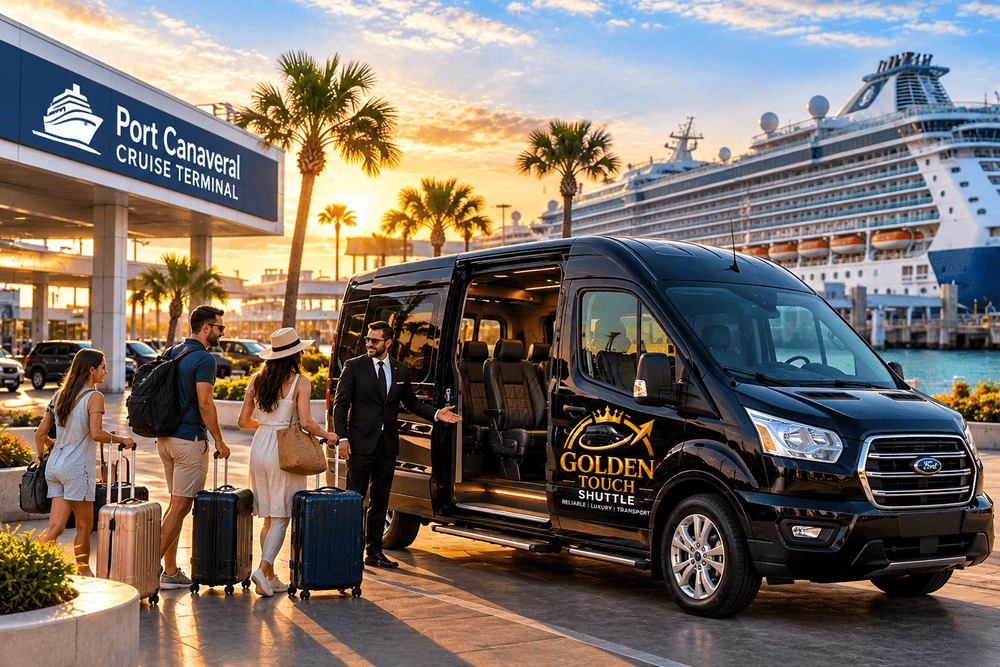 Private shuttle/van with Port Canaveral cruise ship in background