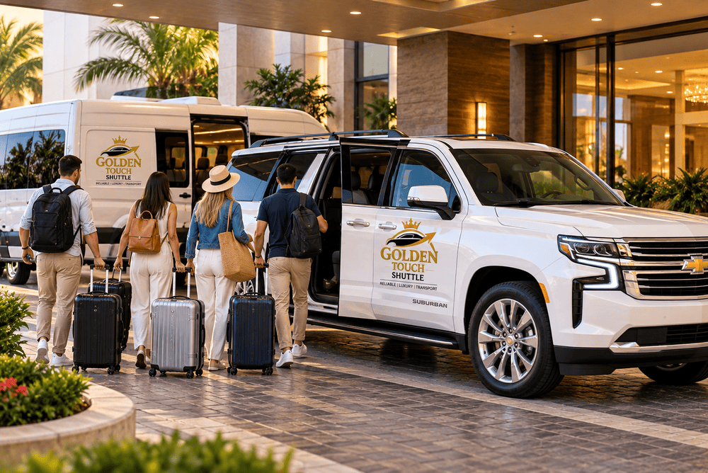 Group with luggage beside passenger van