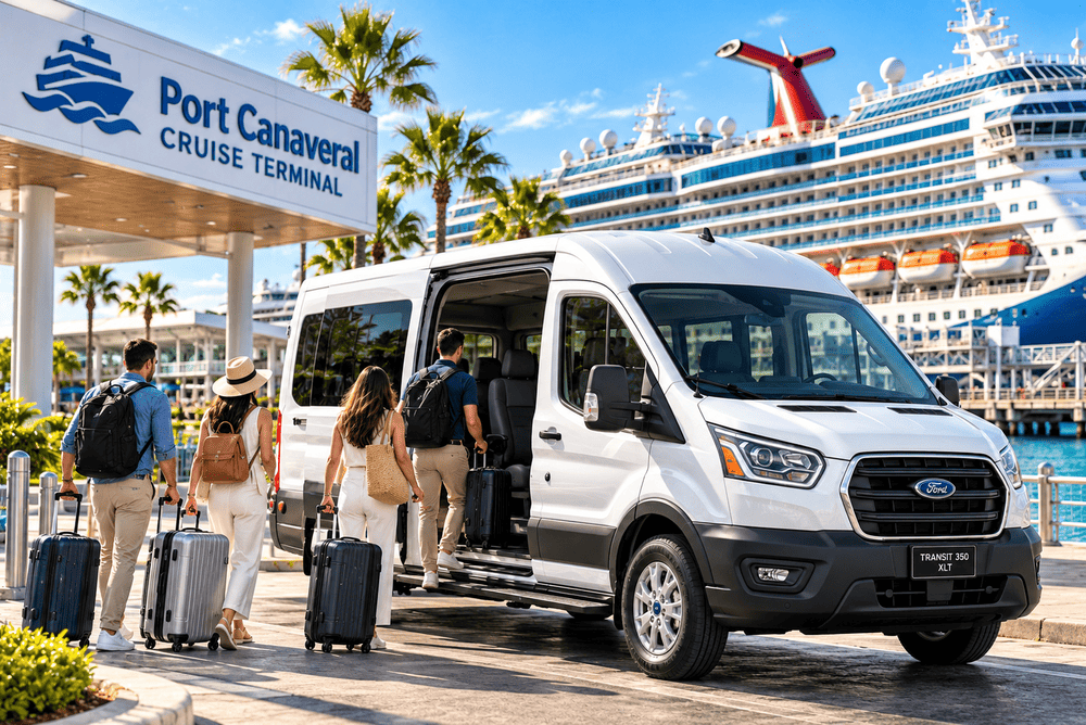 Group passengers with luggage beside shuttle van